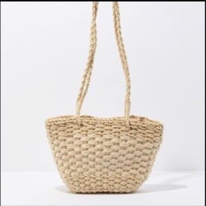 American Eagle | Boho Neutral Woven Straw Basket Tote Shoulder Bag in Tan